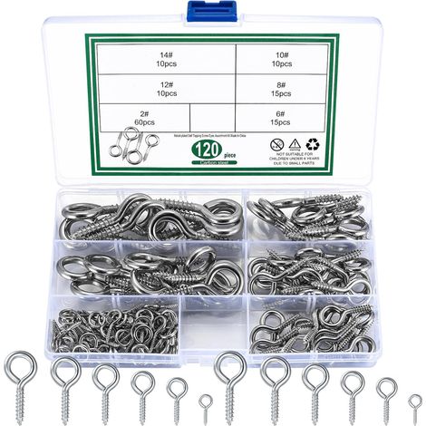 120 Pièces Boulon à Oeil, Crochet à Visser, Piton à Oeillet, Crochet Porte Oeil, Piton de Fixation à Visser avec Filetage pour Décaration Suspension (argent) (plata) (1/5)