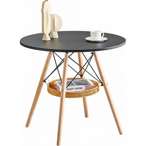 ELVMI Runder Esstisch für 2 bis 4 Personen mit hängendem Ablagekorb, schwarzer MDF-Platte und Holzbeinen, Durchmesser 80 cm (1/5)