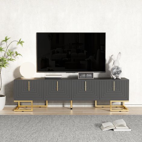 Meuble TV 170 cm gris noir avec 4 portes texturées et étagères intérieures pieds réglables en métal doré pour salon (1/5)