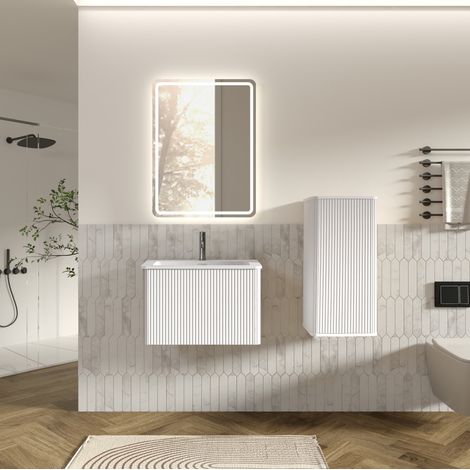 Meuble salle de bain 60 cm blanc avec miroir LED, vasque et colonne, design moderne FloraGrace (1/5)