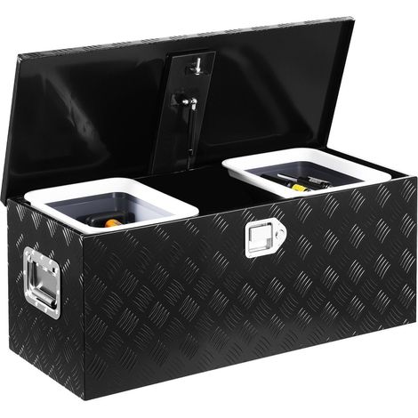Coffre à outils en aluminium robuste pour camionnette avec étagère coulissante, serrure et clés, dimensions 899x370x370 mm, noir. (1/5)