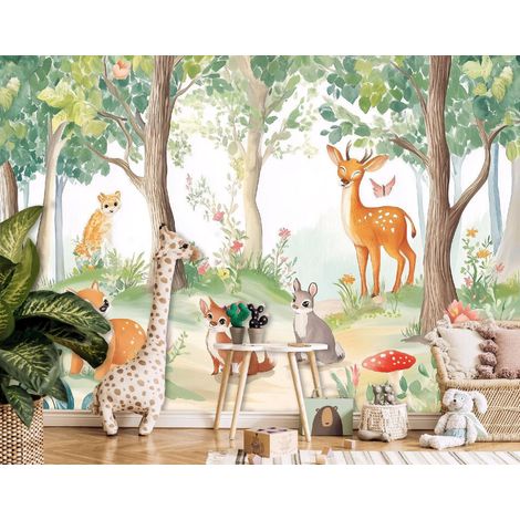 Vlies Fototapete Kinderzimmer 150x105 cm Wald Landschaft - Fototapeten Tapeten für Kinder Mädchen & Jungen - Kindertapete - Kinderzimmertapete Tiere Hirsch Reh, WallArena (1/4)