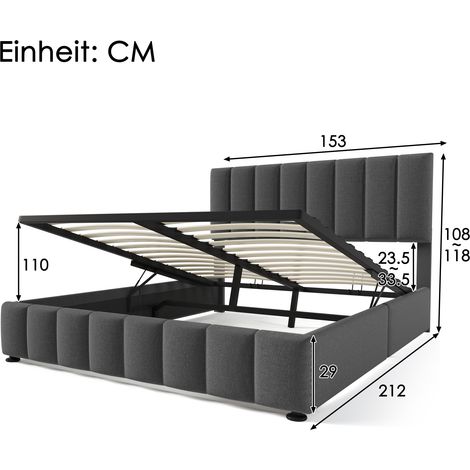 Lit double hydraulique 140x200 cm gris moderne, sommier métallique à lattes, tête de lit inclinable, coffre de rangement intégré, revêtement en lin, livré sans matelas (1/4)