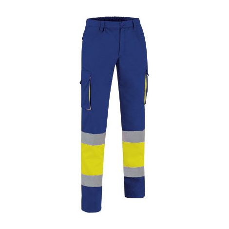 Pantalón de Alta Visibilidad multibolsillos bicolor con cintura elástica y cintas reflectantes EN 20471 de sarga FACTORY L Amarillo flúor / Azulina