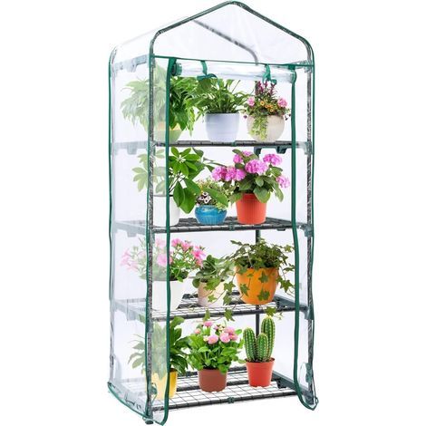 4-stöckiges Mini-Gewächshaus, 160 cm x 70 cm x 50 cm, mit Regalen, Gestell und transparenter, wasserdichter PVC-Abdeckung mit aufrollbarer Reißverschlusstür zum Schutz vor Kälte, Frost, Wind und Regen (1/5)