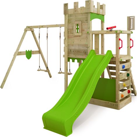 Fatmoose – Tour d escalade château avec balançoire double – Toboggan 220 cm avec raccord d eau – Bois massif traité – Hauteur plateforme 120 cm (1/8)
