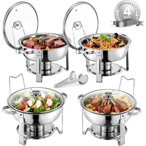Chauffe-Plat Buffet 5 Qt, Lot de 4, Acier Inoxydable avec 4 Plats Complets, Réchaud de Service Rond avec Couvercle en Verre, Support Pliant et Porte-Carburant, pour Mariage et Réception. (1/5)