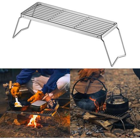 Gril de camping pliable de 45 cm, supports pour équipement de camping pour foyer, réchaud de camping pour la cuisine en plein air, grille de barbecue robuste en acier. (1/5)