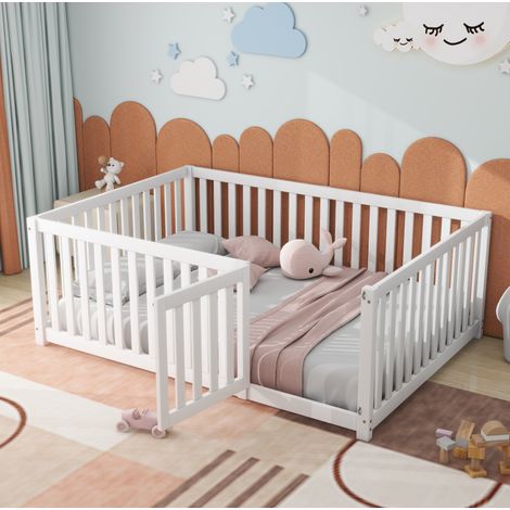 DESVIAE Lit enfant au sol avec barrière et porte cadre en pin 140 x 200 cm blanc pour chambre enfant style Montessori (1/5)
