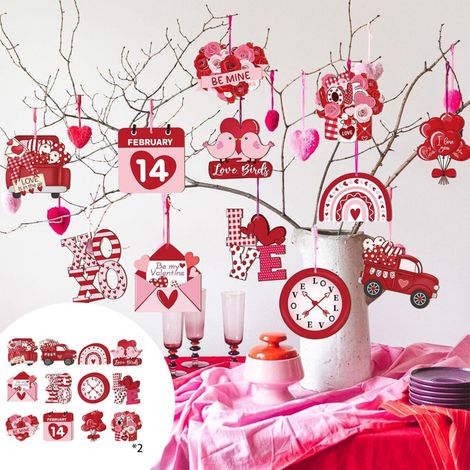 24 rosafarbene Herz-Baumschmuckstücke aus Holz zum Valentinstag – Herz-LKW-Motiv, geeignet für Heimdekoration, Hochzeiten, Kaminsims- und Kamindekorationen