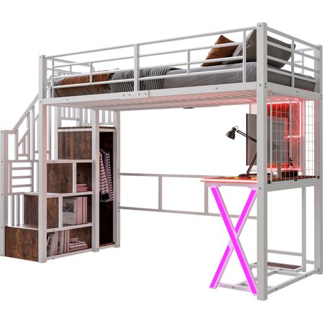 Lit mezzanine 90 x 200 cm avec bureau, penderie, étagères et éclairage d’ambiance, structure métal et MDF, sans matelas, blanc, idéal pour chambre ado CHICFURN (1/5)
