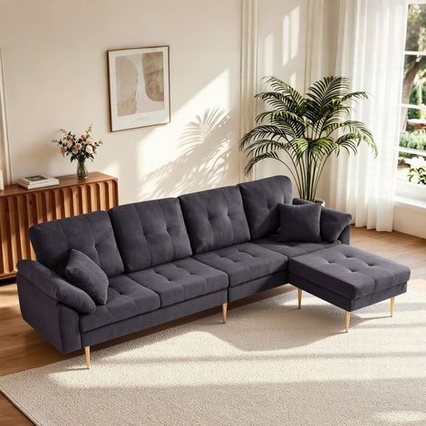 Divano a 4 posti con pouf, divano angolare modulare a L per soggiorno, rivestimento in velluto a coste e piedini in metallo da 20 cm, 250 cm, Grigio scuro (1/5)