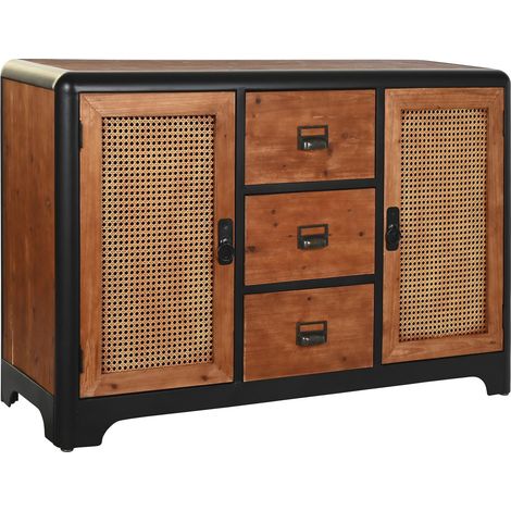 Commode, meuble de rangement en bois de sapin naturel et métal noir - Longueur 120 x Profondeur 40 x hauteur 79 cm -PEGANE- (1/4)