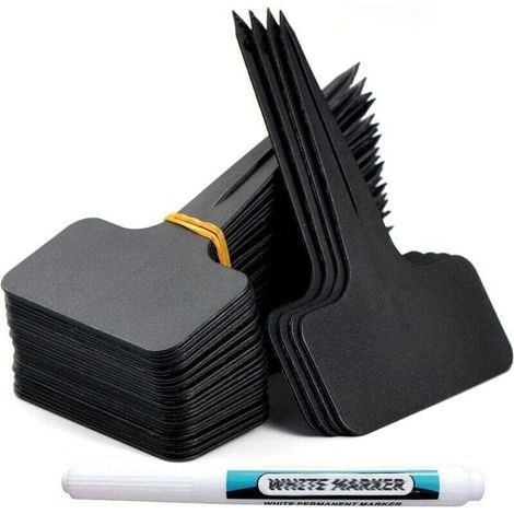100 etichette per giardino da esterno, marcatori per piante in plastica a T, etichette per orto con penna impermeabile, etichette riutilizzabili e accessori per piante (nero) (1/4)