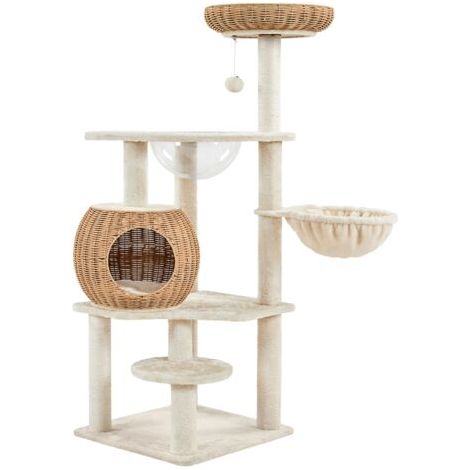 [JAMAIS UTILISÉ] Homevive Árbol para Gatos de Ratán Tejido a Mano 54x48x137,5cm Rascador para Gatos con Dos Postes de Sisal y una Bola Plataformas de Felpa y Cojín Extraíble Beige