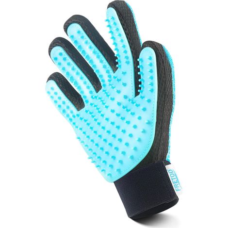 Gants de toilettage pour chats, brosse-gant double face pour animaux de compagnie, modèle pour droitier, convient aux chats à poils courts et à poils longs, bleu clair. (1/5)