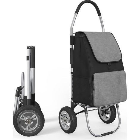 Chariot de Courses Pliable 50L Aluminium Léger 2 Grandes Roues Noir Caddie de Courses avec Charge 50kg, Shopping Trolley avec Sac Amovible et Grandes Roues, pour Supermarché, Marché et Ville (1/5)