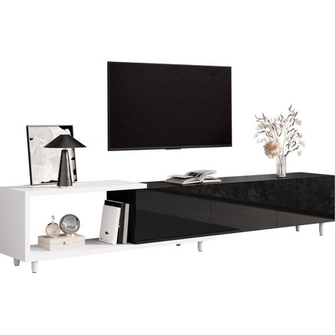 Meuble TV extensible moderne, lowboard à 3 portes laquées brillantes, rangement ouvert, charnières silencieuses, pieds métal, noir et blanc pour salon CHICFURN (1/5)