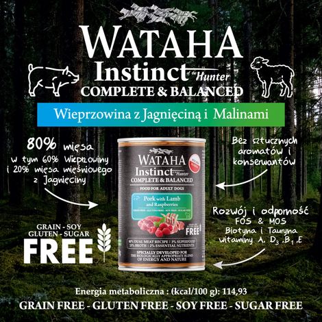 Wataha Instinct 80% maiale con agnello e lamponi 400 g (1/2)