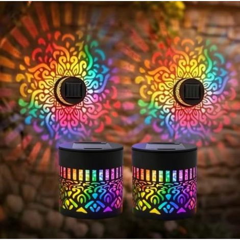 Lampe solaire de clôture en 2 parties - Éclairage solaire de jardin - Applique murale - Projecteur mandala - Éclairage de jardin RGB - Éclairage d'ambiance pour clôture - Noir - 8,2 x 8,5 x 8,5 cm - N (1/5)