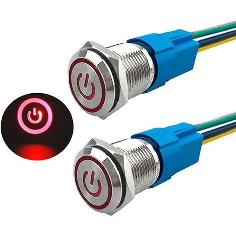 Lntyq 2 Stück 16 mm selbstsperrender Druckknopfschalter, 12 V/24 V 5 A IP65 wasserdichter Druckknopfschalter aus Edelstahl, mit vorverdrahteter Buchse (rote LED) (1/5)