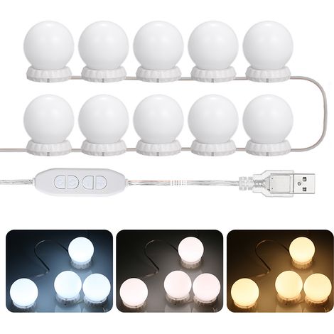 LED-Schminkspiegel-Beleuchtungsset mit 10 Glühbirnen, 10 Helligkeitsstufen und 3 einstellbaren Beleuchtungsmodi, USB-Lichterkette für Schminkspiegel (1/5)