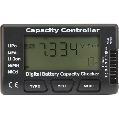 Tester digitale di capacità della batteria, controller di tensione e capacità della batteria con schermo LCD, per batterie LiPo, NiMH e agli ioni di litio. (1/4)