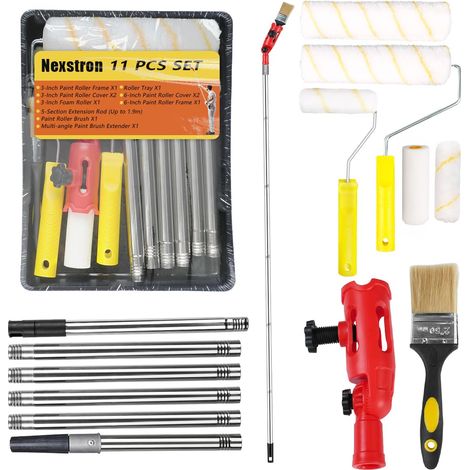 KIT COMPLET DE PEINTURE 11 PIÈCES, ROULEAUX DE PEINTURE AVEC PERCHE D'EXTENSION 1,9 M, PINCEAU MULTI-ANGLES, BAC À PEINTURE POUR MURS, BORDS ET PLAFONDS (1/5)