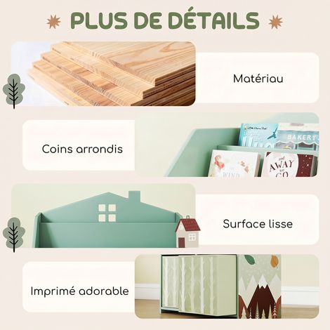 Étagère de rangement en bois FSC pour chambre d'enfant, 2 bacs en tissu amovibles, étagères, vert (1/5)