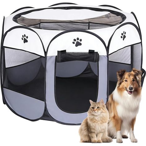 Parc pour Chien, Portable Parc pour Chiens et Chats, Tente Respirante pour l'intérieur et l'extérieur, pour Chats, Chiens, Lapins, Idéal pour Voyage et Camping, 74 x 74 x 43 cm (Gris-Blanc) (1/5)