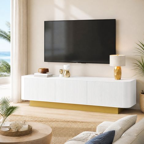 Meuble TV 170x40,5x47 cm en panneaux de bois blanc, avec rangement, pour salon FloraGrace (1/5)