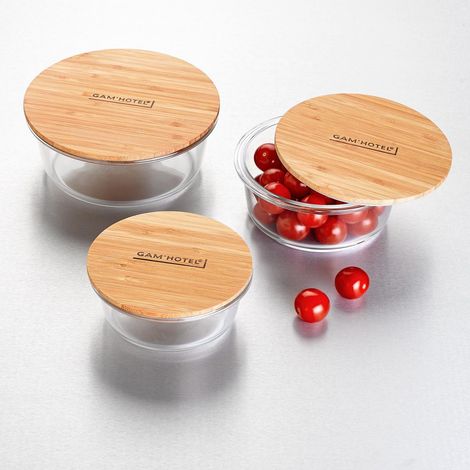 Gam'Hotel - Set de 3 boîtes rondes en verre bambou - 400ml/620ml/950ml (1/4)