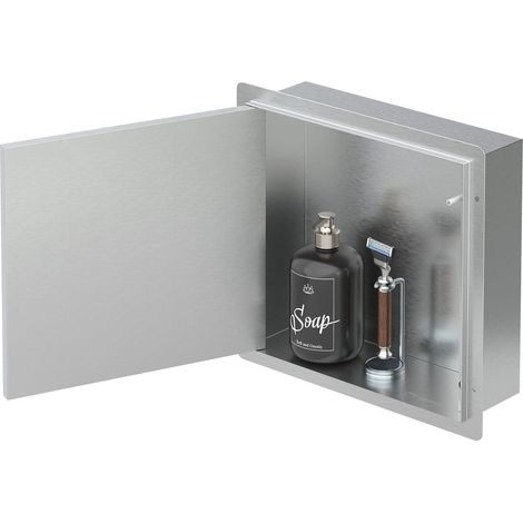 LuxeBath Nicchia Doccia da Incasso in Acciaio Inox Spazzolato 25,5x25,5x10 cm Argento con Porta Piastrellabile, Mensola Impermeabile per Doccia Senza Bordo a Parete, Ripiano Bagno Antiscivolo Moderno (1/5)