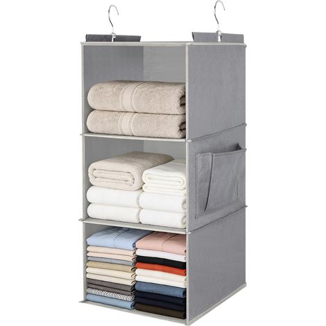 Rangement Suspendu avec 3 Compartiments, Étagère de Penderie à Suspendre, Rangement Porte à Suspendre, Organiseur de Vêtement avec 2 Crochets, Etagere Placard pour Chambre d'enfant, Gris (1/5)