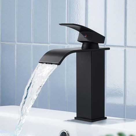 Basin Taps Mixers Black Waterfall Bathroom Sink Taps Bathroom Single Handle Basin Mixer Tap Hot and Cold Water Sink Taps with UK Standard Hoses (1/5)