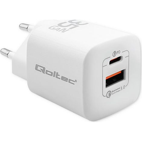 Cargador de pared Qoltec de 35 W GaN ultra 5-20 V 2,25-3 A 1 puerto USB tipo C PD 1 puerto USB Blanco (1/5)