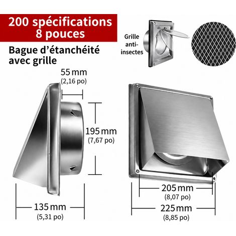 Grille d'aération murale 200 mm inox 304 avec clapet anti-retour et grille 200mm 8 réf 7729 23 × 23 × 14 cm 690 g – Livraison gratuite