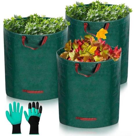 Gartensäcke, 3 x 300 l, robust, faltbar und wiederverwendbar, inklusive 1 Paar Schutzhandschuhen (1/5)