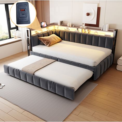 Letto estraibile 90/200 cm in velluto grigio con LED, USB-C e vani portaoggetti (1/5)