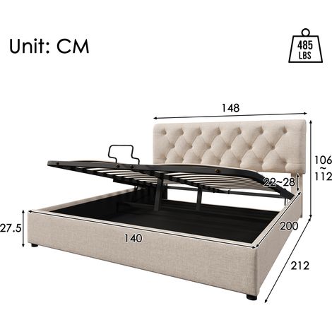 Lit double hydraulique 140x200 cm avec coffre de rangement, sommier métallique à lattes, tête de lit réglable, cadre moderne en bois naturel, sans matelas (1/4)