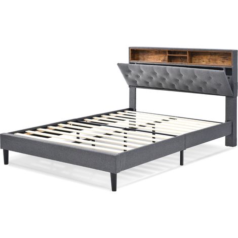 Gepolstertes Doppelbett 140x200 cm grau mit LED-Stauraum-Kopfteil - MODENUIT (1/5)