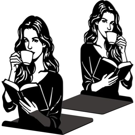 Lot de 2 Serre-Livres Métal Dame Lisant avec Café Décoratif (1/5)