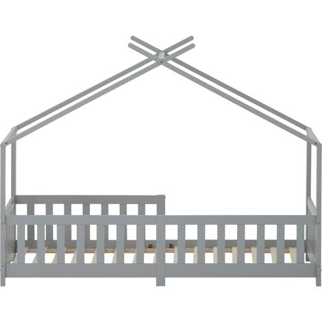 Cama tipi infantil con barrera y somier de lamas 90 x 200 cm gris MODENUIT (1/5)