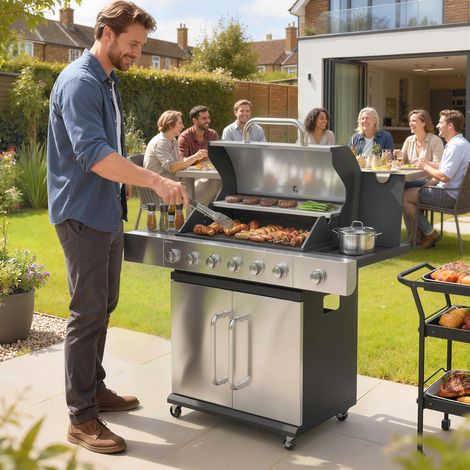 Barbecue à gaz, 6 brûleurs, brûleur latéral, grille en fonte, armoire incluse. (1/5)