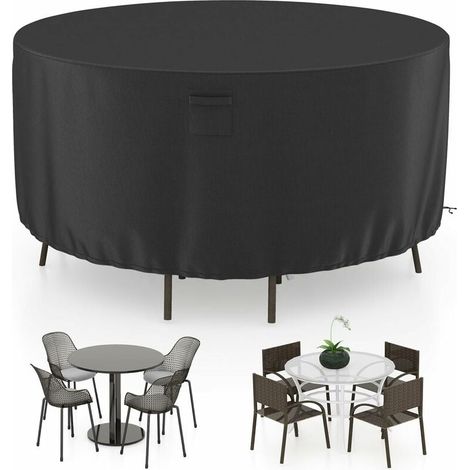 Housse de protection pour table jardin ronde avec aérations boucles et cordons serrage résistante aux intempéries noire 158 cm (1/4)