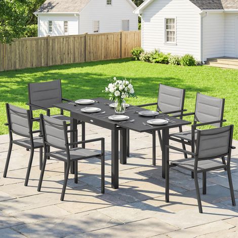 Salon de Jardin 7 Pièces Table Extensible Aluminium 6 Chaises Empilables Textilène Rembourré 90/180 x 80 x 75 cm Gris