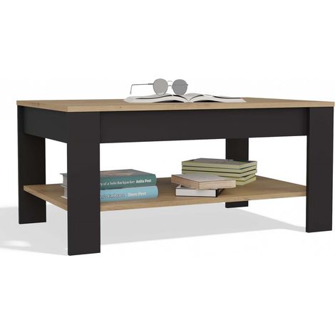 OHIO - Table Basse Chêne Artisan Noir avec Étagère pour Salon 93x58x43,5 cm