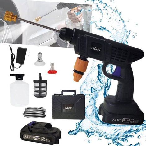 Nettoyeur Haute Pression Sans Fil 21V avec 2 Batteries ADM Portable Auto Jardin Terrasse Avec Tuyau et Coffret