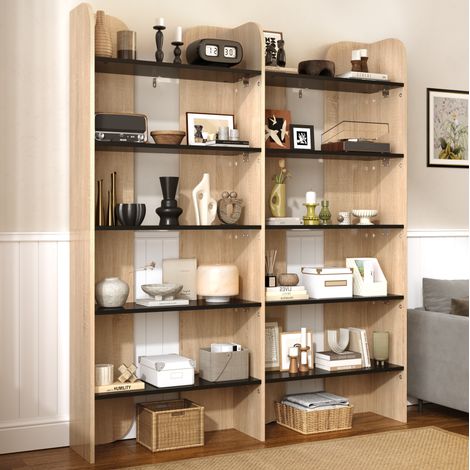 Bibliothèque 160x135x25 cm en panneaux de bois naturel et noir, gain de place pour salon, FLORAGRACE (1/5)