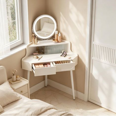 Coiffeuse d'angle miroir LED, 2 tiroirs, blanche HAVRYA (1/4)